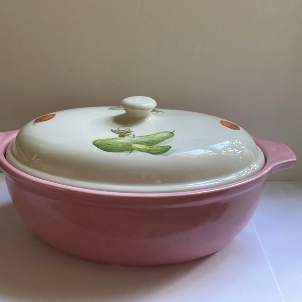 Vintage Mid Century Pink Covered Ceramic Casserole Dish Made In England